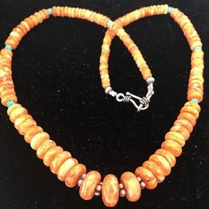 Orange Spiny Oyster Turquoise Sterling Necklace